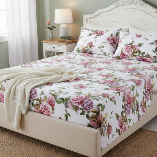 DaDa Bedding Romantic Roses Lovely Spring Pink Floral Garden Fitted & Flat Bed Sheet Set w/ Pillow Cases (JHW879)
